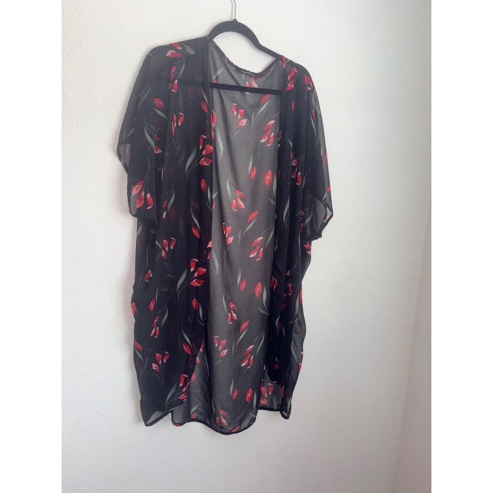 Hippie Chic Kimono L/XL Black Red Floral Tulip Sheer Chiffon Excellent Boho Wrap